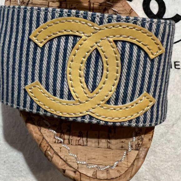 CHANEL Resort Cork Wedges Blue Striped Yellow CC Ankle Strap Shoes 36 6 - Picture 12 of 16